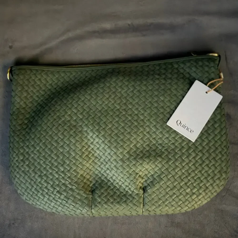 Quince Italian Leather Convertible Crescent Handwoven Shoulder Bag Sage NWT